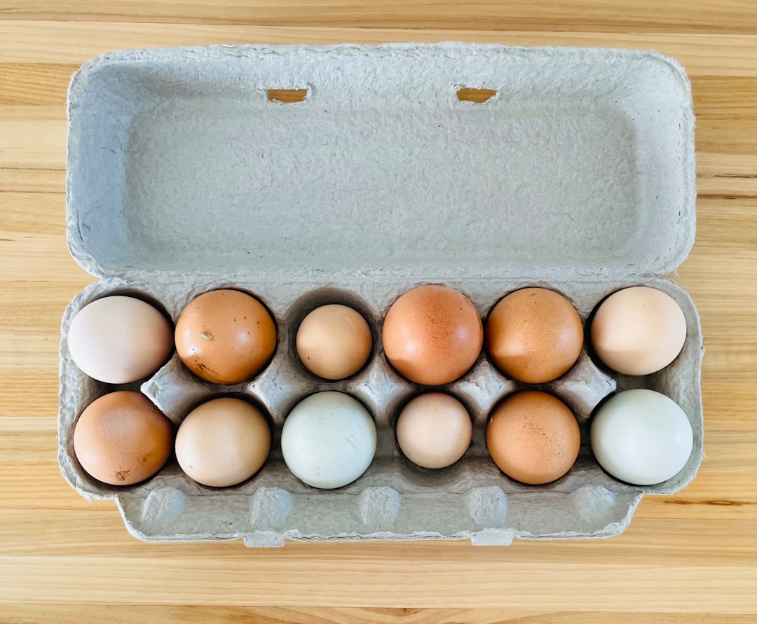 Fresh brown eggs arranged in a carton
